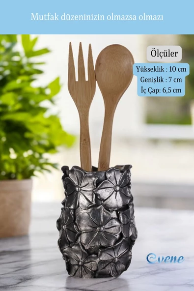 Evene Tezgah Üstü Kaşıklık Dekoratif Dik Kaşıklık Silindir Kaşıklık Gümüş Eskitme Renk Model 16 - Resim 2