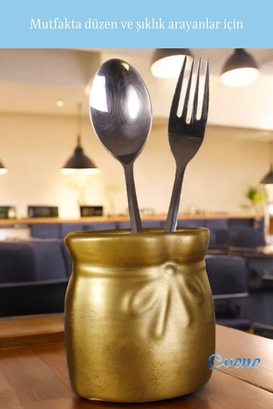 Evene Tezgah Üstü Kaşıklık Dekoratif Dik Kaşıklık Silindir Kaşıklık Altın Eskitme Renk Model 8 - Resim 6