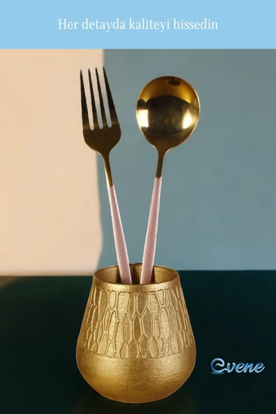 Evene Tezgah Üstü Kaşıklık Dekoratif Dik Kaşıklık Silindir Kaşıklık Altın Renk Model 3 - Resim 7
