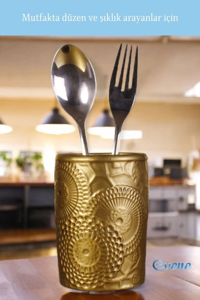 Evene Tezgah Üstü Kaşıklık Dekoratif Dik Kaşıklık Silindir Kaşıklık Altın Eskitme Renk Model 12 - Resim 5