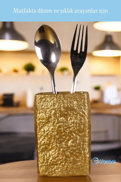 Evene Tezgah Üstü Kaşıklık Dekoratif Dik Kaşıklık Silindir Kaşıklık Altın Renk Model 7 - Resim 5