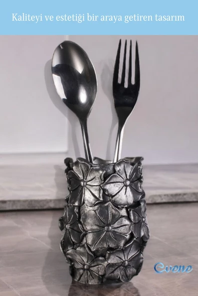 Evene Tezgah Üstü Kaşıklık Dekoratif Dik Kaşıklık Silindir Kaşıklık Gümüş Eskitme Renk Model 16 - Resim 3