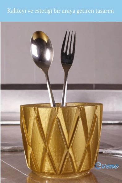 Evene Tezgah Üstü Kaşıklık Dekoratif Dik Kaşıklık Silindir Kaşıklık Altın Renk Model 18 - Resim 3