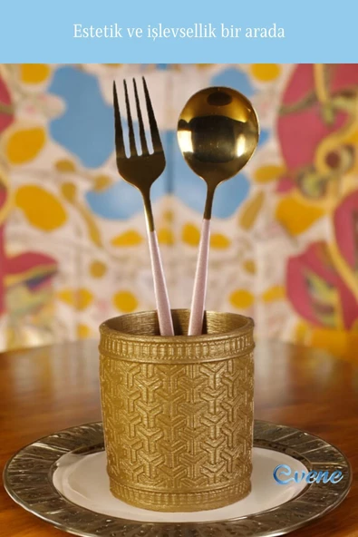 Evene Tezgah Üstü Kaşıklık Dekoratif Dik Kaşıklık Silindir Kaşıklık Altın Renk Model 4 - Resim 3
