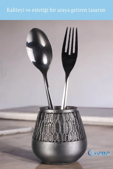 Evene Tezgah Üstü Kaşıklık Dekoratif Dik Kaşıklık Silindir Kaşıklık Gümüş Eskitme Renk Model 3 - Resim 3