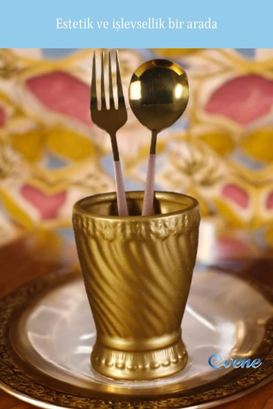 Evene Tezgah Üstü Kaşıklık Dekoratif Dik Kaşıklık Silindir Kaşıklık Altın Renk Model 14 - Resim 2