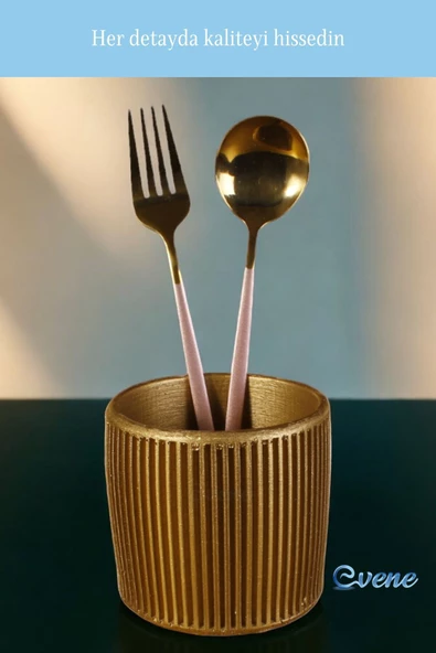 Evene Tezgah Üstü Kaşıklık Dekoratif Dik Kaşıklık Silindir Kaşıklık Altın Renk Model 1 - Resim 6