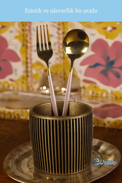 Evene Tezgah Üstü Kaşıklık Dekoratif Dik Kaşıklık Silindir Kaşıklık Altın Eskitme Renk Model 1 - Resim 4