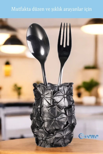 Evene Tezgah Üstü Kaşıklık Dekoratif Dik Kaşıklık Silindir Kaşıklık Gümüş Eskitme Renk Model 16 - Resim 5