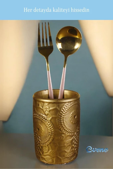 Evene Tezgah Üstü Kaşıklık Dekoratif Dik Kaşıklık Silindir Kaşıklık Altın Eskitme Renk Model 12 - Resim 6