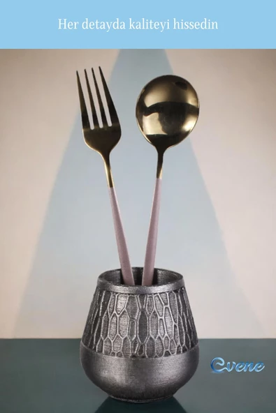 Evene Tezgah Üstü Kaşıklık Dekoratif Dik Kaşıklık Silindir Kaşıklık Gümüş Eskitme Renk Model 3 - Resim 6