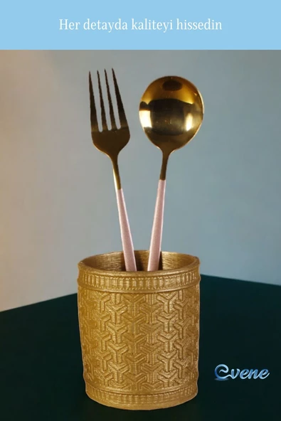 Evene Tezgah Üstü Kaşıklık Dekoratif Dik Kaşıklık Silindir Kaşıklık Altın Renk Model 4 - Resim 6