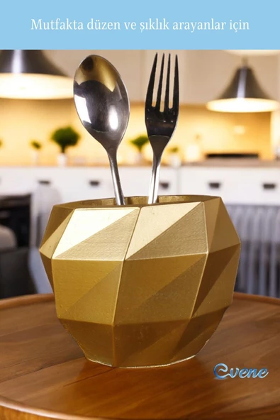 Evene Tezgah Üstü Kaşıklık Dekoratif Dik Kaşıklık Silindir Kaşıklık Altın Renk Model 20 - Resim 5