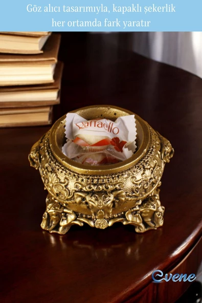 Evene Şekerlik Sunumluk Drajelik Dekoratif Tabak Altın Eskitme Renk Kapaklı Model - Resim 5