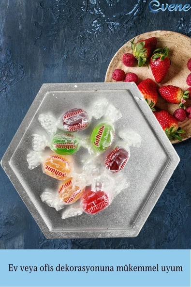 Evene Şekerlik Gümüş Renk Sunumluk Drajelik Dekoratif Tabak Altıgen Model - Resim 4