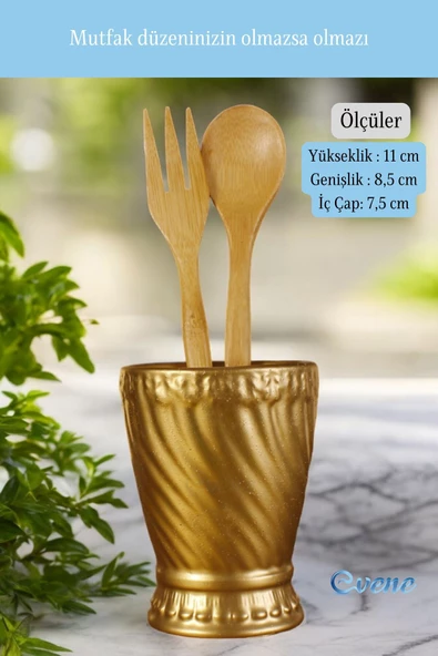 Evene Tezgah Üstü Kaşıklık Dekoratif Dik Kaşıklık Silindir Kaşıklık Altın Renk Model 14 - Resim 3