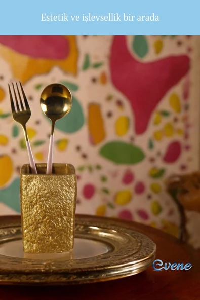 Evene Tezgah Üstü Kaşıklık Dekoratif Dik Kaşıklık Silindir Kaşıklık Altın Renk Model 7 - Resim 4