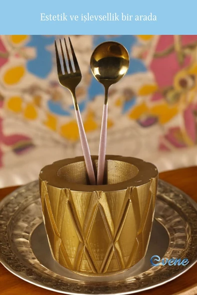 Evene Tezgah Üstü Kaşıklık Dekoratif Dik Kaşıklık Silindir Kaşıklık Altın Renk Model 18 - Resim 4