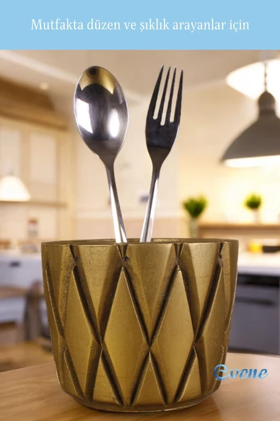 Evene Tezgah Üstü Kaşıklık Dekoratif Dik Kaşıklık Silindir Kaşıklık Altın Eskitme Renk Model 18 - Resim 5