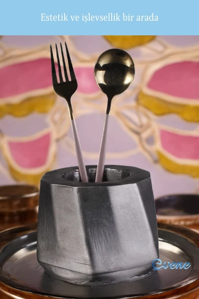Evene Tezgah Üstü Kaşıklık Dekoratif Dik Kaşıklık Silindir Kaşıklık Gümüş Eskitme Renk Model 17 - Resim 4