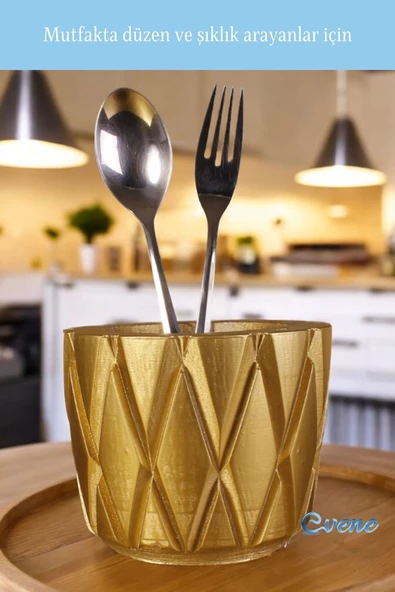 Evene Tezgah Üstü Kaşıklık Dekoratif Dik Kaşıklık Silindir Kaşıklık Altın Renk Model 18 - Resim 5