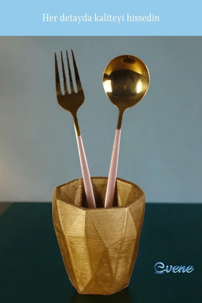 Evene Tezgah Üstü Kaşıklık Dekoratif Dik Kaşıklık Silindir Kaşıklık Altın Renk Model 2 - Resim 4