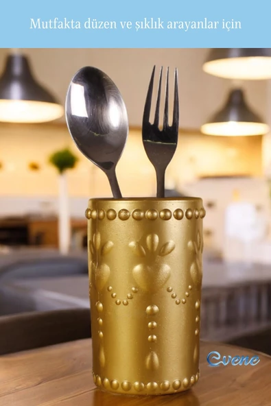 Evene Tezgah Üstü Kaşıklık Dekoratif Dik Kaşıklık Silindir Kaşıklık Altın Renk Model 10 - Resim 5