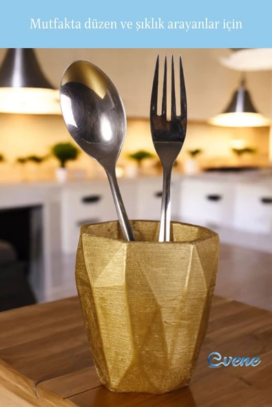 Evene Tezgah Üstü Kaşıklık Dekoratif Dik Kaşıklık Silindir Kaşıklık Altın Renk Model 2 - Resim 6