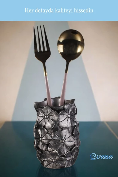 Evene Tezgah Üstü Kaşıklık Dekoratif Dik Kaşıklık Silindir Kaşıklık Gümüş Eskitme Renk Model 16 - Resim 6