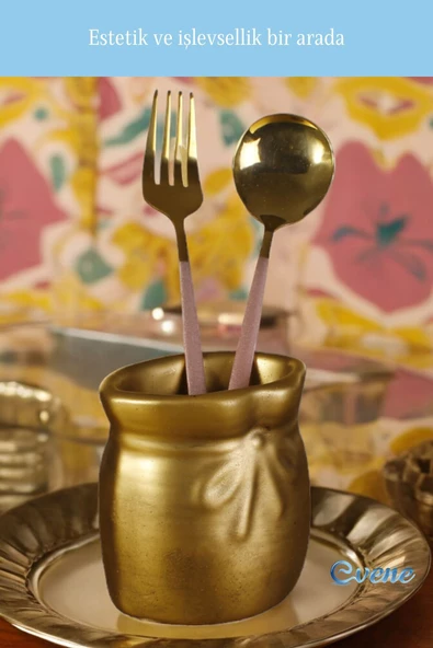 Evene Tezgah Üstü Kaşıklık Dekoratif Dik Kaşıklık Silindir Kaşıklık Altın Eskitme Renk Model 8 - Resim 5