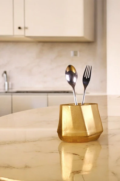 Evene Tezgah Üstü Kaşıklık Dekoratif Dik Kaşıklık Silindir Kaşıklık Altın Renk Model 17 ürün görseli 1