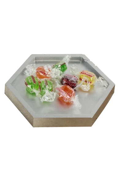 Evene Şekerlik Gümüş Renk Sunumluk Drajelik Dekoratif Tabak Altıgen Model ürün görseli 1