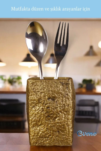 Evene Tezgah Üstü Kaşıklık Dekoratif Dik Kaşıklık Silindir Kaşıklık Altın Eskitme Renk Model 7 - Resim 6