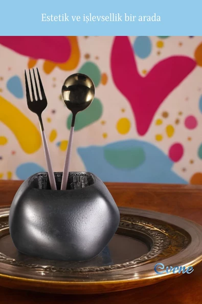 Evene Tezgah Üstü Kaşıklık Dekoratif Dik Kaşıklık Silindir Kaşıklık Gümüş Eskitme Renk Model 22 - Resim 4