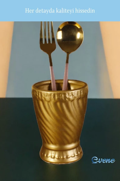 Evene Tezgah Üstü Kaşıklık Dekoratif Dik Kaşıklık Silindir Kaşıklık Altın Renk Model 14 - Resim 7