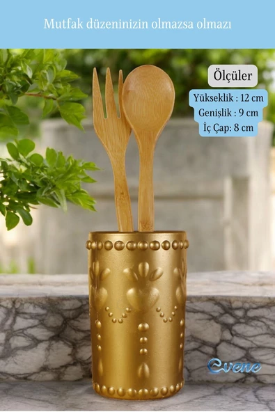 Evene Tezgah Üstü Kaşıklık Dekoratif Dik Kaşıklık Silindir Kaşıklık Altın Renk Model 10 - Resim 3
