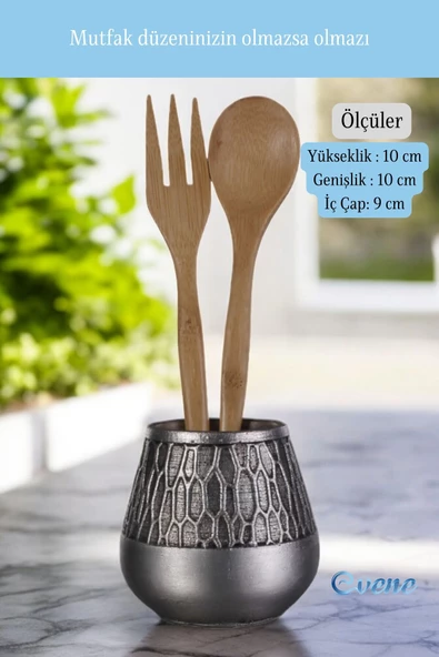 Evene Tezgah Üstü Kaşıklık Dekoratif Dik Kaşıklık Silindir Kaşıklık Gümüş Eskitme Renk Model 3 - Resim 2