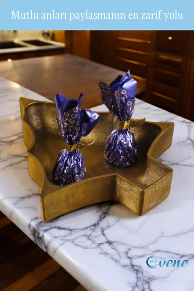 Evene Şekerlik Sunumluk Drajelik Dekoratif Tabak Altın Eskitme Renk Ağaç Model - Resim 5