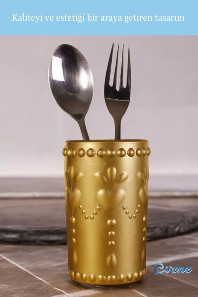 Evene Tezgah Üstü Kaşıklık Dekoratif Dik Kaşıklık Silindir Kaşıklık Altın Renk Model 10 - Resim 2