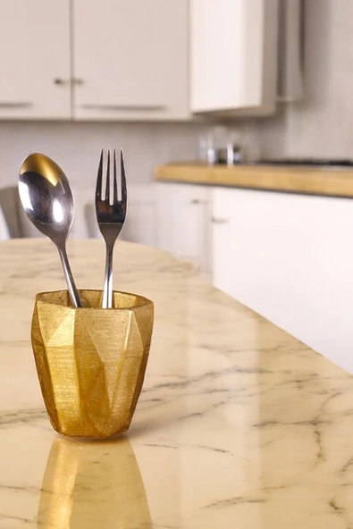 Evene Tezgah Üstü Kaşıklık Dekoratif Dik Kaşıklık Silindir Kaşıklık Altın Renk Model 2 ürün görseli 1