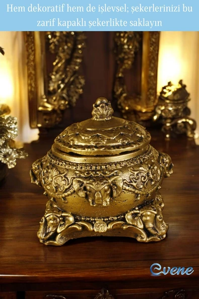 Evene Şekerlik Sunumluk Drajelik Dekoratif Tabak Altın Eskitme Renk Kapaklı Model - Resim 3