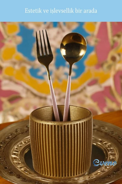 Evene Tezgah Üstü Kaşıklık Dekoratif Dik Kaşıklık Silindir Kaşıklık Altın Renk Model 1 - Resim 2