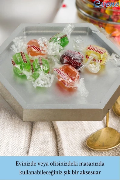 Evene Şekerlik Gümüş Renk Sunumluk Drajelik Dekoratif Tabak Altıgen Model - Resim 5