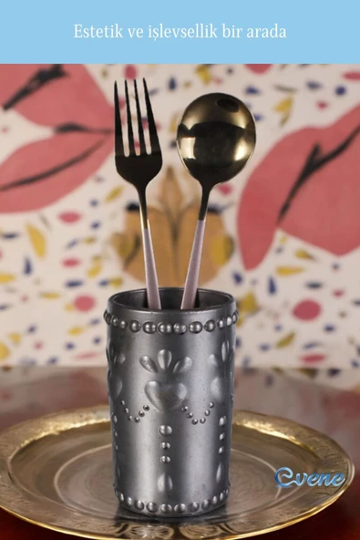 Evene Tezgah Üstü Kaşıklık Dekoratif Dik Kaşıklık Silindir Kaşıklık Gümüş Eskitme Renk Model 10 - Resim 4