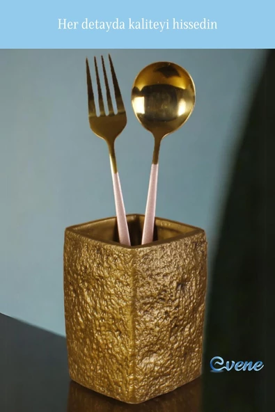 Evene Tezgah Üstü Kaşıklık Dekoratif Dik Kaşıklık Silindir Kaşıklık Altın Eskitme Renk Model 7 - Resim 7