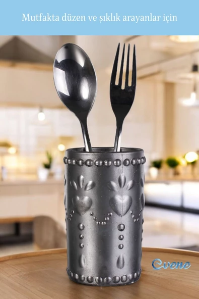 Evene Tezgah Üstü Kaşıklık Dekoratif Dik Kaşıklık Silindir Kaşıklık Gümüş Eskitme Renk Model 10 - Resim 5