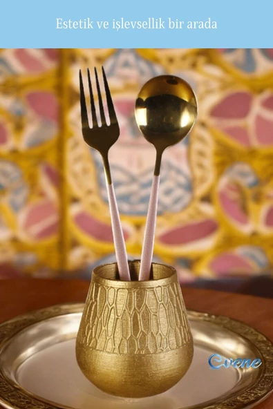 Evene Tezgah Üstü Kaşıklık Dekoratif Dik Kaşıklık Silindir Kaşıklık Altın Renk Model 3 - Resim 6