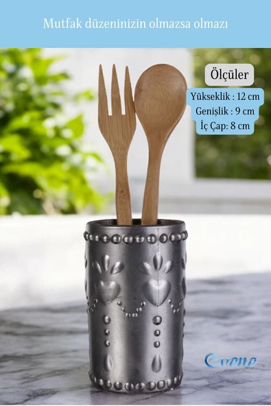 Evene Tezgah Üstü Kaşıklık Dekoratif Dik Kaşıklık Silindir Kaşıklık Gümüş Eskitme Renk Model 10 - Resim 2