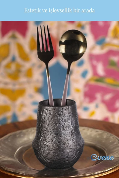 Evene Tezgah Üstü Kaşıklık Dekoratif Dik Kaşıklık Silindir Kaşıklık Gümüş Eskitme Renk Model 15 - Resim 4