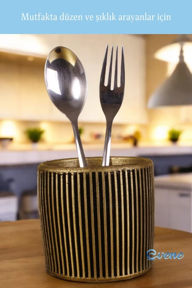 Evene Tezgah Üstü Kaşıklık Dekoratif Dik Kaşıklık Silindir Kaşıklık Altın Eskitme Renk Model 1 - Resim 5